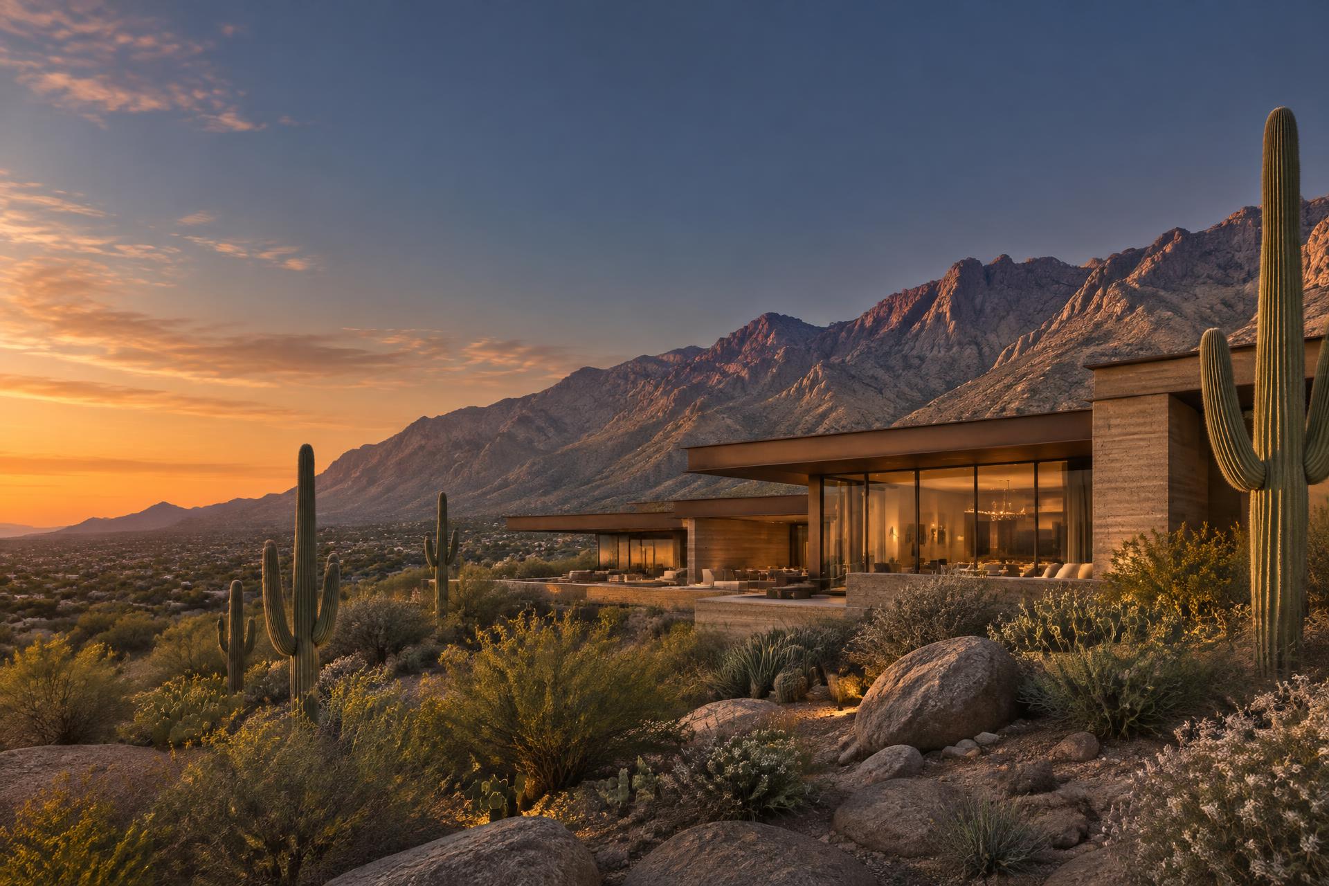 Contemporary custom home in the Catalina Foothills at sunset